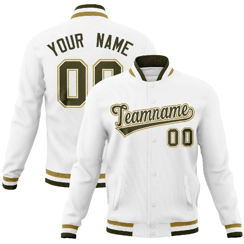 Custom Jackets with Zipper Details-Custom White Classic Style Varsity Full-Snap Letterman Baseball Jersey