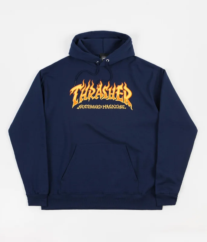 Custom Hoodies with Ribbed Cuffs-THRASHER FIRE LOGO HOODIE - NAVY