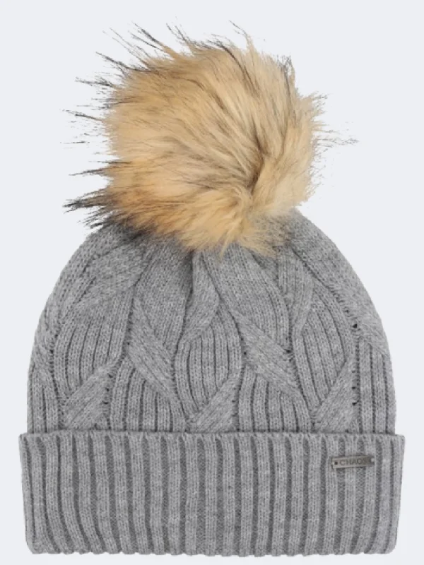 Custom Fashion Hats-Chaos Hummingbird Pom Women Lifestyle Beanie Light Heather Grey