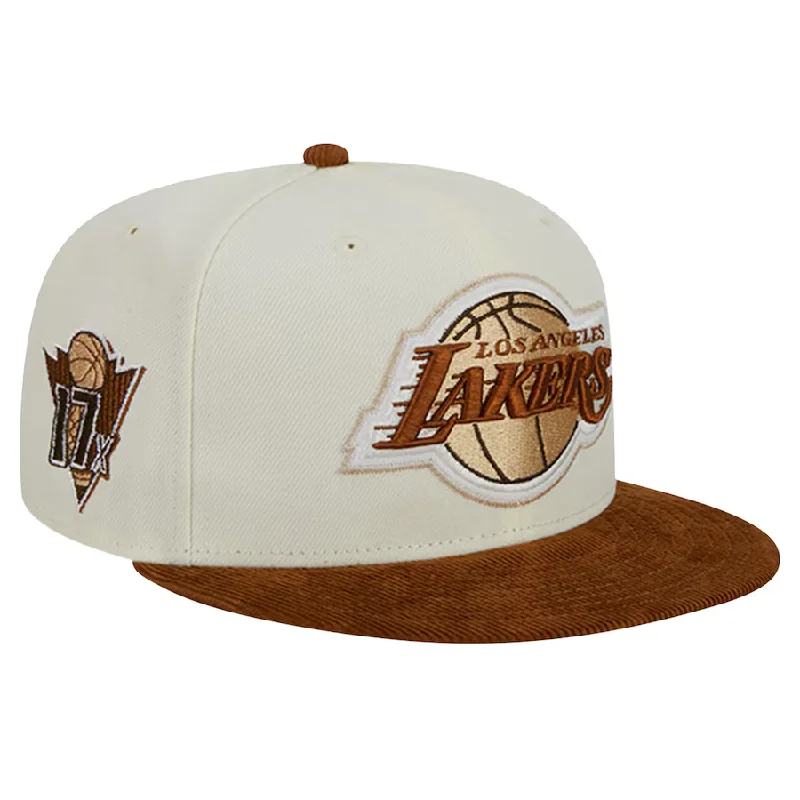 Custom Baseball Team Hats-New Era Los Angeles Lakers 2-Tone Corduroy Visor 59FIFTY Fitted Hat-Cream/Brown