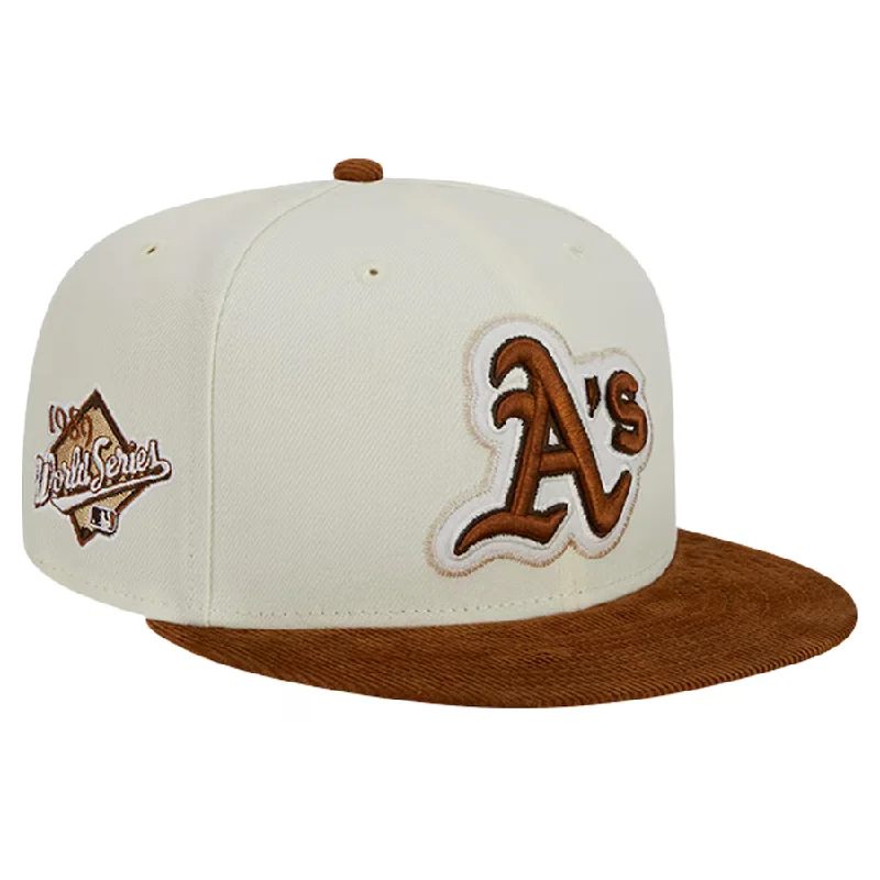 Custom Snapback Caps-New Era Oakland Athletics 2-Tone Corduroy Visor 59FIFTY Fitted Hat-Cream/Brown