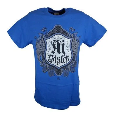 Custom T-Shirts for Running-AJ Styles Crest WWE Mens Blue T-shirt