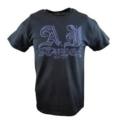 Custom T-Shirts with Custom Patterns-AJ Styles Signature WWE Mens Black T-shirt