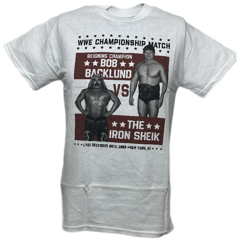 Custom T-Shirts with Multi-Color Prints-Bob Backlund vs Iron Sheik WWE Championship Mens White T-shirt