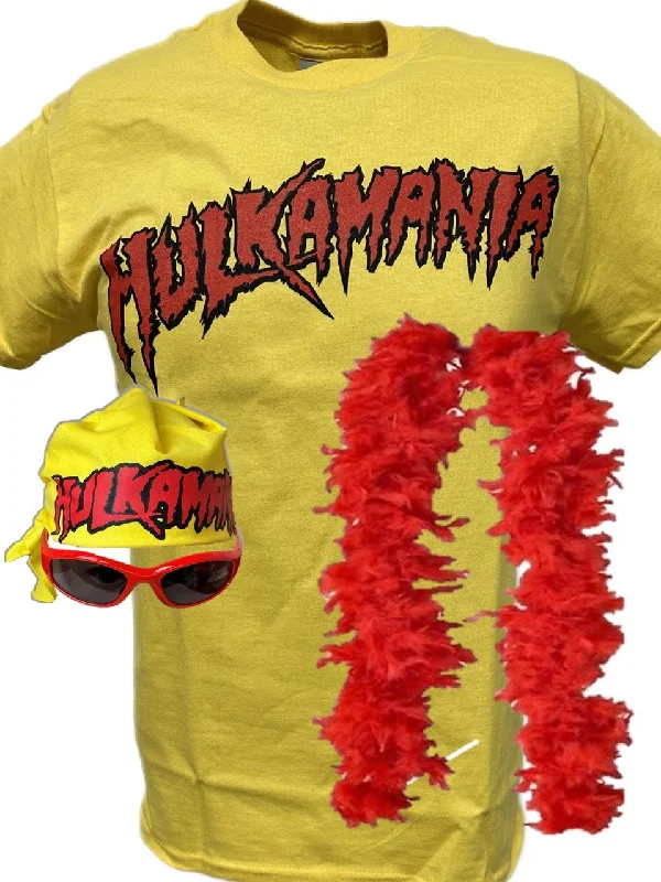 Custom T-Shirts for Class Reunions-Hulk Hogan Hulkamania Yellow T-shirt Bandana Boa Glasses Costume