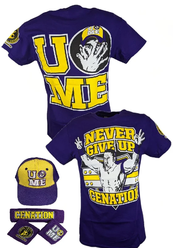 Custom T-Shirts for Retro Fashion-John Cena Mens Purple Costume Hat T-shirt Wristbands