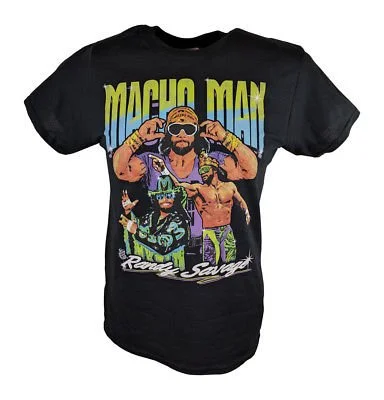 Custom T-Shirts with Retro Logos-Macho Man Randy Savage Three Pose WWE Mens Black T-shirt