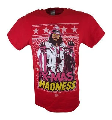 Custom T-Shirts with Distressed Designs-Macho Man Randy Savage X-mas Madness WWE Mens Red T-shirt