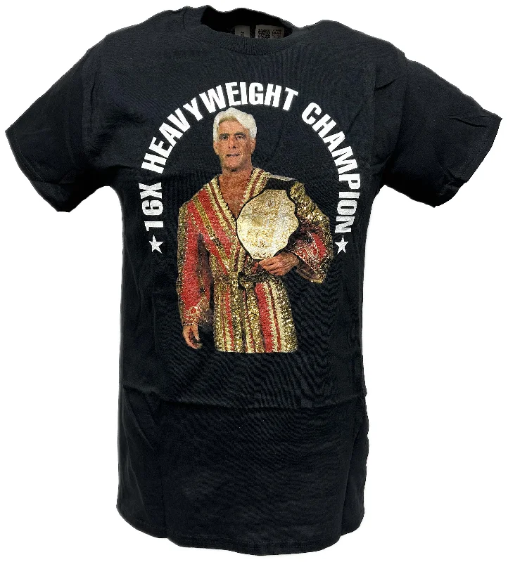 Custom T-Shirts with Hand-Drawn Graphics-Ric Flair 16 Time Heavweight Champion WWE Mens Black T-shirt