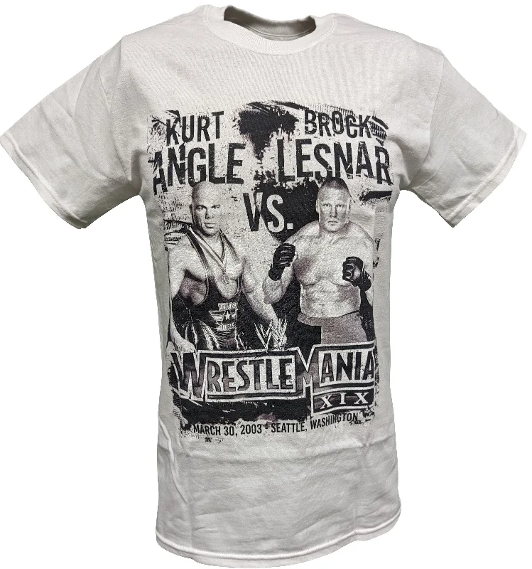 Custom T-Shirts with Creative Designs-WrestleMania 19 XIX WWE Kurt Angle vs Brock Lesnar Mens White T-shirt