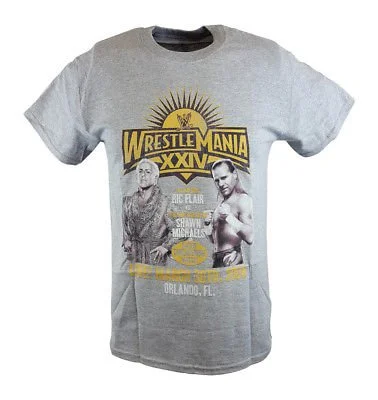 Custom T-Shirts with Movie Quotes-Wrestlemania 24 XXIV Ric Flair vs Shawn Michaels WWE Mens Grey T-shirt